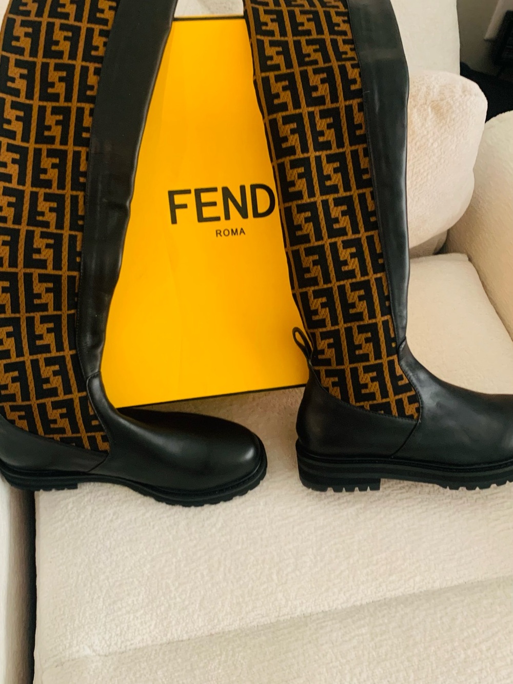 Fendi Black Leather Over-The-Knee Boots with Brown FF Knit Shaft
